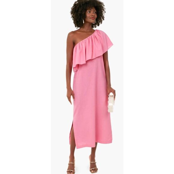 NWOT Pomander Place Flamingo Pink Florencia linen One Shoulder Dress, Small $168 - Picture 1 of 8